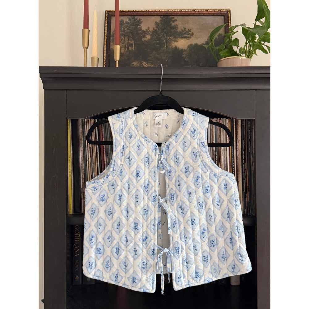 Coquette Grandmacore Cottagecore Quilted Tie Front Vest M Blue White Cotton